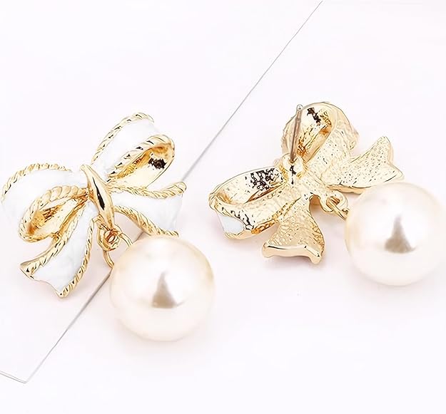 Gold Bow Earrings for Women, Long Tassel Chain Drop Earrings, Trendy Small Bow Earrings, Ribbon Waterfall Dangling Earrings, Pearl Bow Earrings, Sparkly Elegant Bowknot Preppy Jewelry Gifts for Women